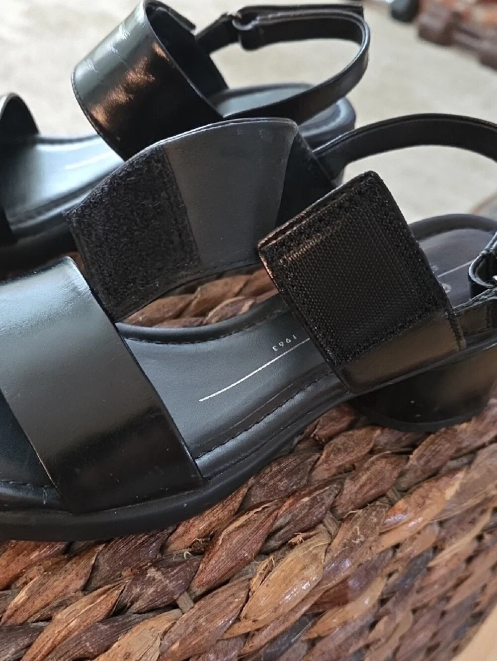 Women's Ecco Black Leather Two-Strap Velcro Open-Toe Sandals with Heel Strap